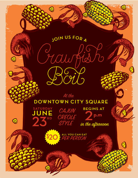 ilustrações de stock, clip art, desenhos animados e ícones de crayfish or crawfish boil invitation design template - cajun food illustrations