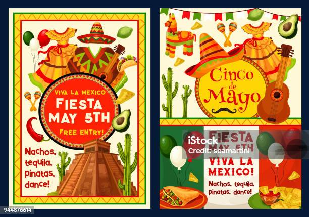 Cinco De Mayo Mexican Vector Greeting Card Stock Illustration - Download Image Now - American Culture, Aztec Civilization, Balloon