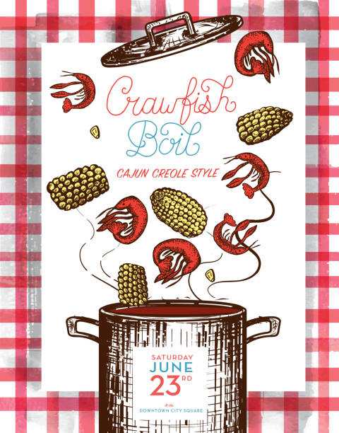 ilustrações de stock, clip art, desenhos animados e ícones de cajun creole crawfish boil invitation design template - cajun food illustrations