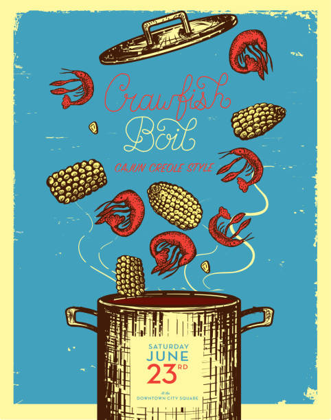 Cajun Creole Crawfish Boil invitation design template Cajun Creole Crawfish Boil invitation design template . Includes cooking pot with lid, crayfish, corn on the cob. Handwritten text and placement text. Easy to edit on separate layers. cajun stock illustrations