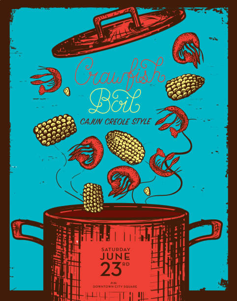 Cajun Creole Crawfish Boil invitation design template Cajun Creole Crawfish Boil invitation design template . Includes cooking pot with lid, crayfish, corn on the cob. Handwritten text and placement text. Easy to edit on separate layers. cajun stock illustrations