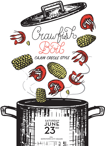 Cajun Creole Crawfish Boil invitation design template . Includes cooking pot with lid, crayfish, corn on the cob. Handwritten text and placement text. Easy to edit on separate layers.