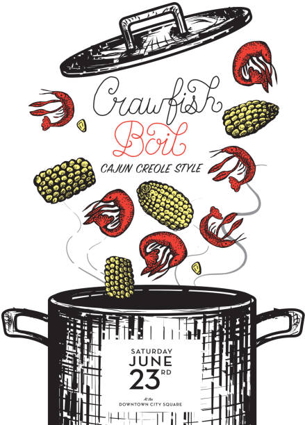 Cajun Creole Crawfish Boil invitation design template Cajun Creole Crawfish Boil invitation design template . Includes cooking pot with lid, crayfish, corn on the cob. Handwritten text and placement text. Easy to edit on separate layers. louisiana illustrations stock illustrations
