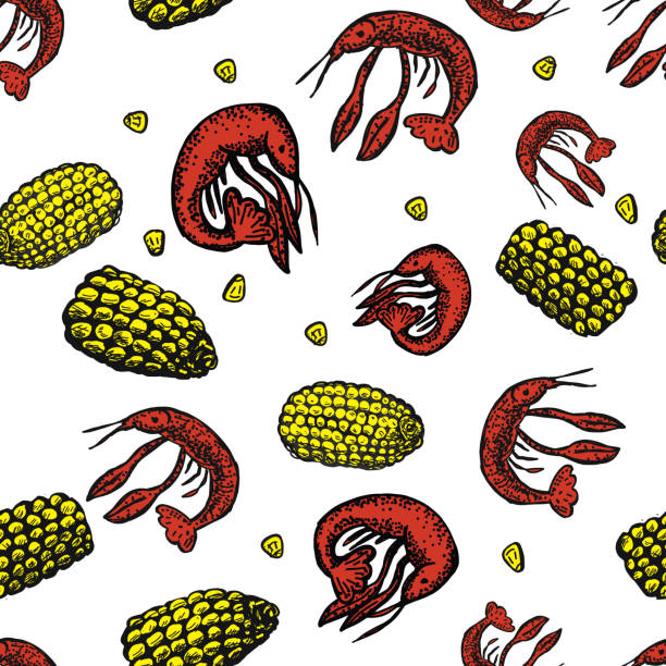 cajun kreolischen küche musterdesign hintergrund - crayfish cajun food louisiana creole food stock-grafiken, -clipart, -cartoons und -symbole