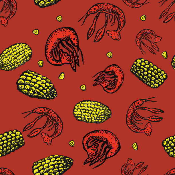 cajun kreolischen küche musterdesign hintergrund - crayfish cajun food louisiana creole food stock-grafiken, -clipart, -cartoons und -symbole
