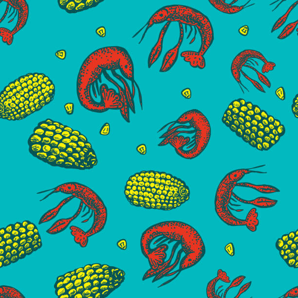 Cajun Creole cooking seamless pattern background Cajun Creole cooking seamless pattern background with crayfish, corn on the cob. cajun stock illustrations