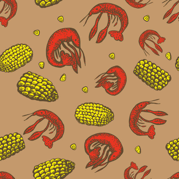 cajun kreolischen küche musterdesign hintergrund - crayfish cajun food louisiana creole food stock-grafiken, -clipart, -cartoons und -symbole