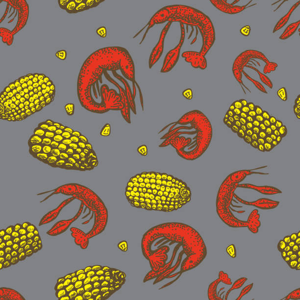 cajun kreolischen küche musterdesign hintergrund - crayfish cajun food louisiana creole food stock-grafiken, -clipart, -cartoons und -symbole