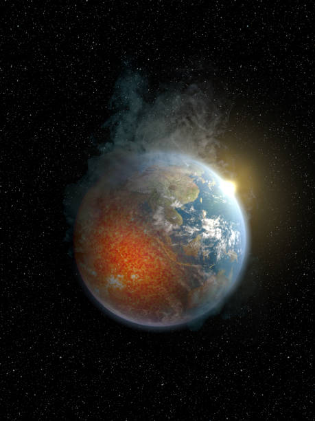 planeta ziemia przegrzanie z powodu globalnego ocieplenia i efektu cieplarnianego - australasia, australia i azja - pełne tło gwiazd na czarno - pełny zestaw obrazów. ziemia bazowa z roztopionym rdzeniem, dymem i słońcem wschodzącym. - climate warming zdjęcia i obrazy z banku zdjęć