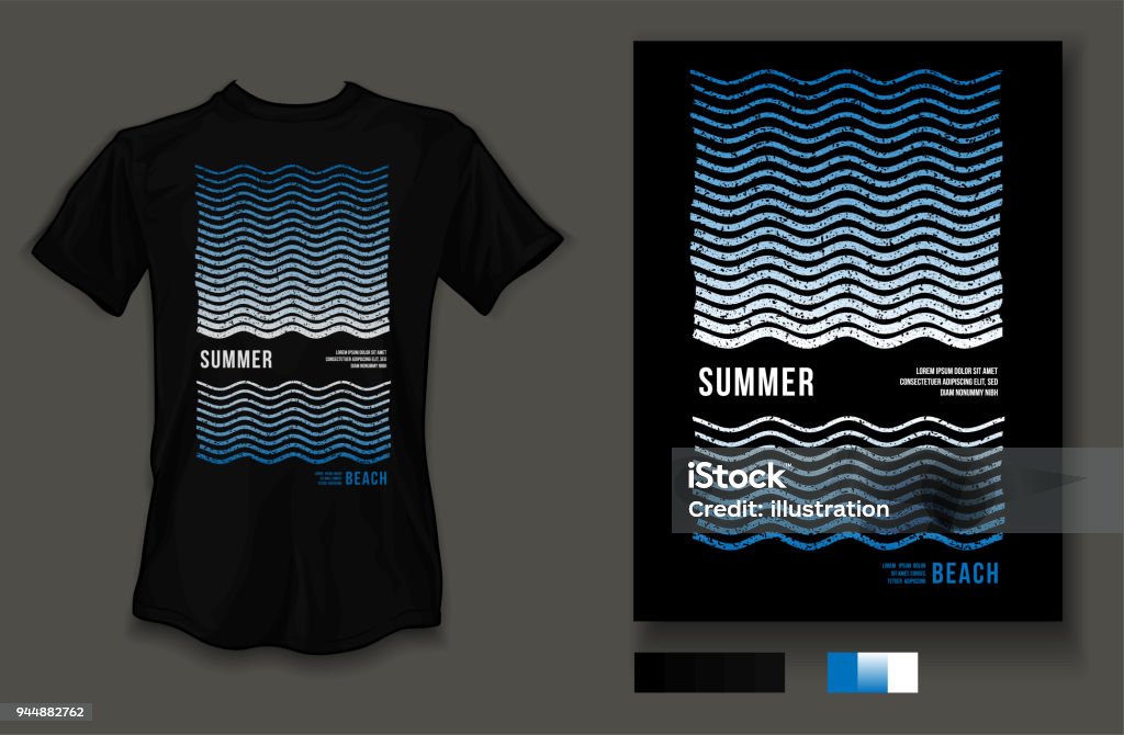 mar y camiseta diseño verano playa onda desgaste en fondo negro y camiseta negra - arte vectorial de Camiseta libre de derechos