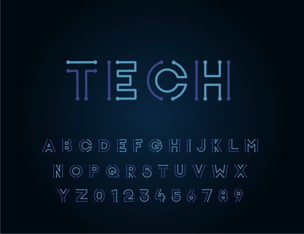 tech vector font schriftgestaltung einzigartig. für technik, schaltungen, engineering, digital, gaming, sci-fi und wissenschaft themen. - symbol computer icon digital display sign stock-grafiken, -clipart, -cartoons und -symbole