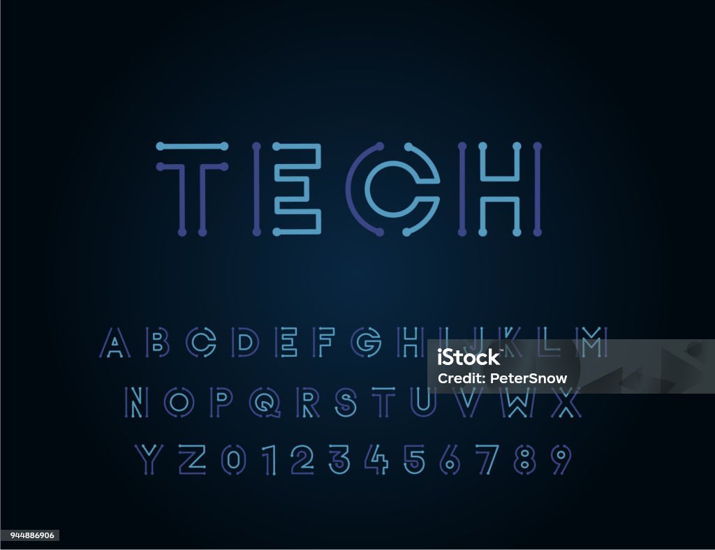 Tech vector font typeface unique design. For technology, circuits, engineering, digital , gaming, sci-fi and science subjects. vector eps10 Technology stock vector