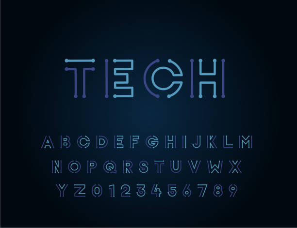 Tech vector font typeface unique design. For technology, circuits, engineering, digital , gaming, sci-fi and science subjects. vector eps10 technician stock illustrations