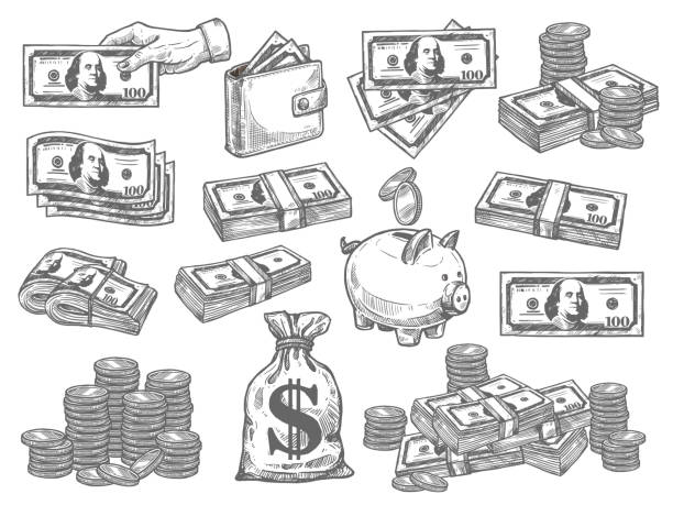 Vector set with money Finance and money hand drown set. Flat design vector set with coins, dollars, wallet and piggy bank. Paper money vector set. Money and coin icon set. Set a various kind of money isolated on white wallet illustrations stock illustrations