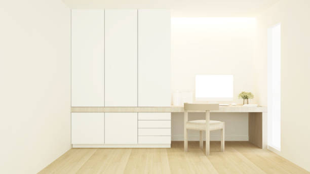 istock Workplace and wardrobe in condominium or hotel - Study room white tone artwork for apartment or home - 3D Rendering 944889954