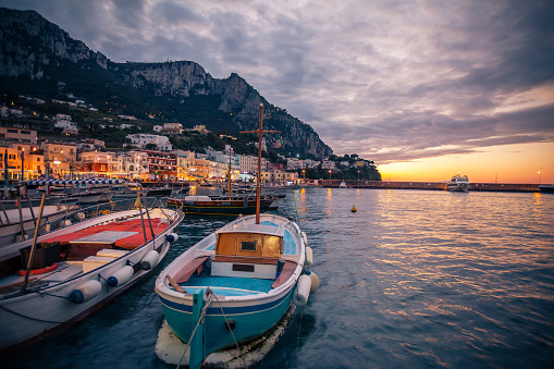 View to Marina Crande village and fishermen's boats on Capri, Italy