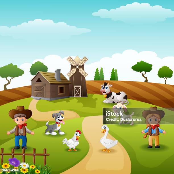 Cowboy Und Cowgirl Auf Dem Bauernhof Mit Tieren Stock Vektor Art und mehr Bilder von Agrarbetrieb - Agrarbetrieb, Bauernberuf, Baum