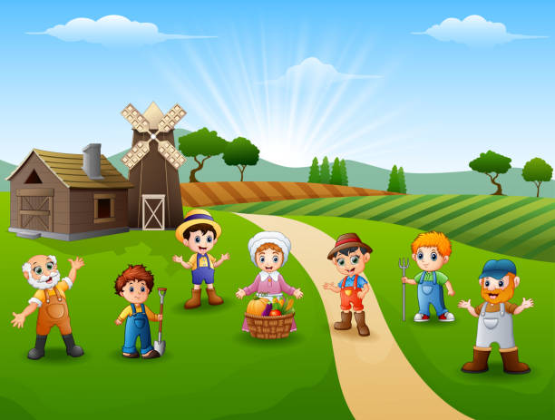 ilustraciones, imágenes clip art, dibujos animados e iconos de stock de grupo agricultores y jardinero en la granja - 5123