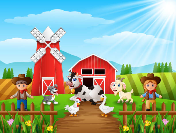 The cowboy and cowgirl at the farm with animals Vector illustration of The cowboy and cowgirl at the farm with animals kid goat stock illustrations