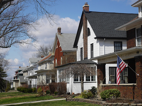 Row of middle class houses on American suburban street