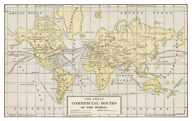 ilustraciones, imágenes clip art, dibujos animados e iconos de stock de mapa de las rutas de comercio del mundo 1889 - paso marítimo