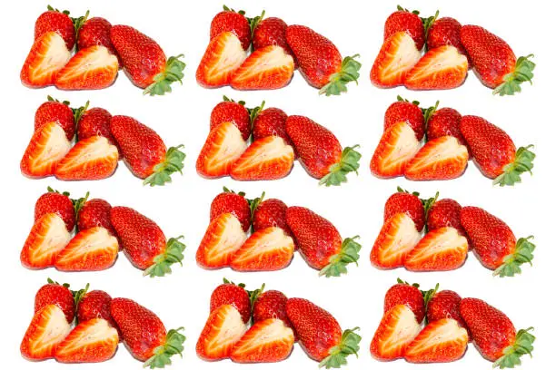 Red Strawberry. Sweet strawberries.
Slices of strawberry on white background, fruit close up background