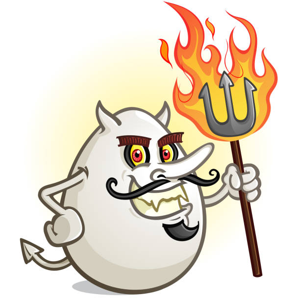 A Deviled Egg Cartoon Character Holding a Flaming Pitch Fork An Evil Devil Egg Cartoon Character Holding a Flaming Pitch Fork with a Sharp Toothed Grin and Red Eyes cartoon of the devils pitch fork stock illustrations