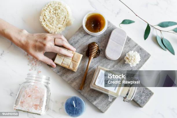 Flat Lay Of Spa Treatment Set Stock Photo - Download Image Now - Merchandise, Nature, Skin Care