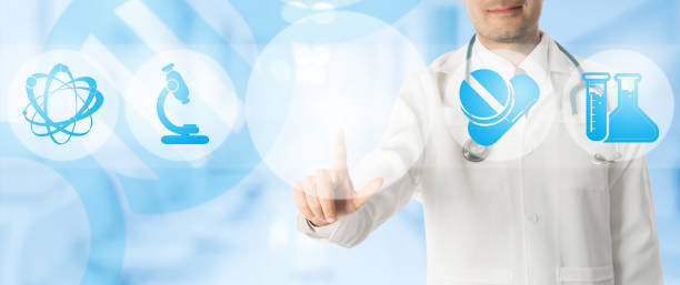 istock Doctor Points at Copy Space with Medical Icons 944919946