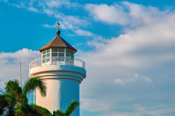 istock White retro lighthouse on the tropical coast. Bottom view. On blue sky background with white clouds. Copy space. 944930754