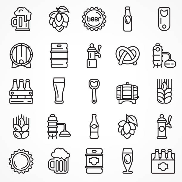 Set of linear beer icons. Set of linear beer icons isolated on white, for craft brewery. Vector illustration. oktoberfest pretzel stock illustrations