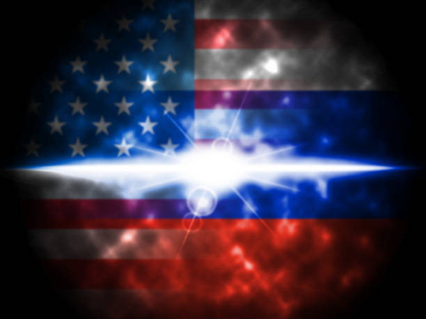 istock Glow On Russian And American Flag 3d Illustration 944933792