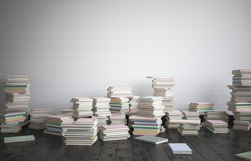 The full room of books on the floor, the concept of intense study. 3D render