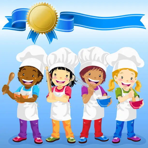Vector illustration of Multi-Ethnic Junior Chef with Award
