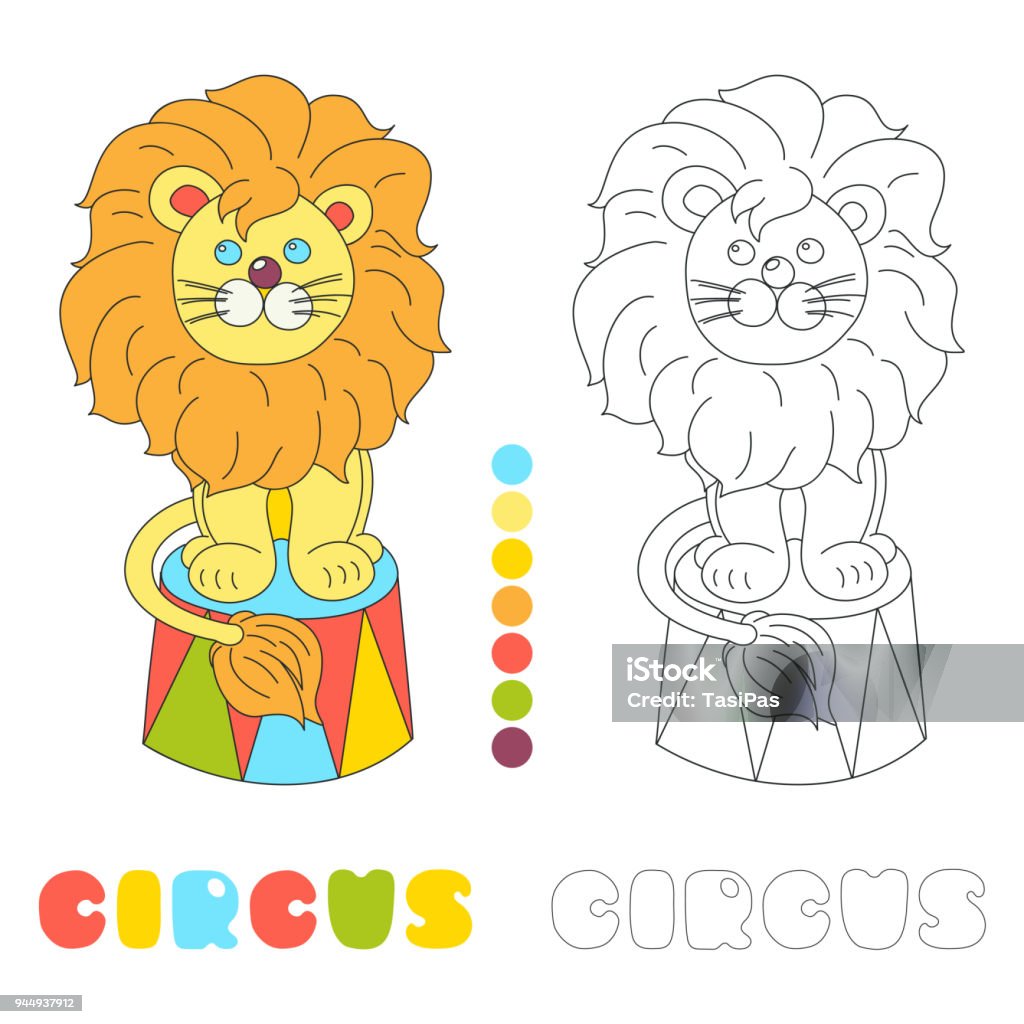 Funny lion sitting in a circus arena vector coloring book page Funny lion sitting in a circus arena vector character children coloring book page Animal stock vector