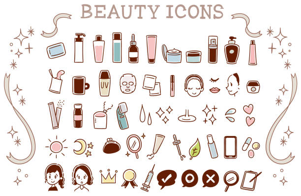 A collection of cute icons about skin care. Handwriting style A collection of cute icons about skin care. Handwriting style beauty product illustrations stock illustrations