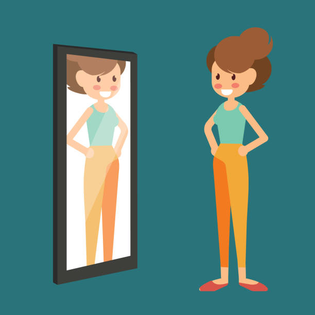 Woman checking her body shape in a mirror - Flat Cartoon Design vector art illustration
