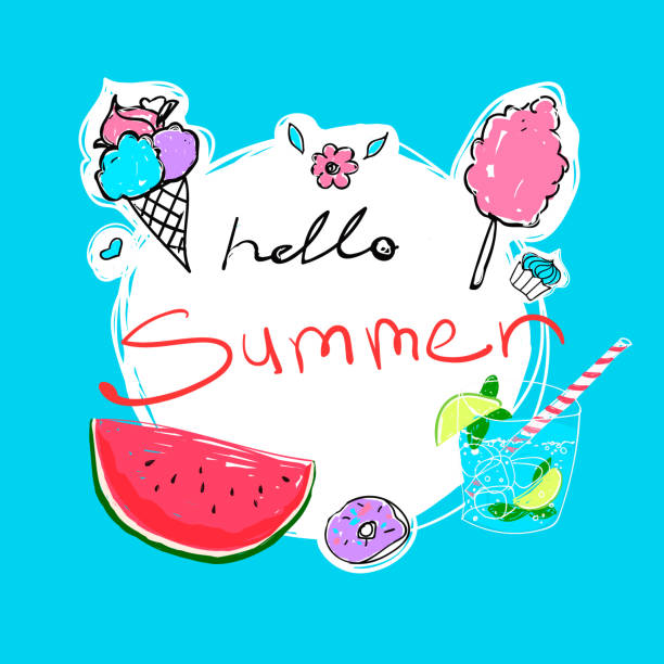 ilustrações de stock, clip art, desenhos animados e ícones de hello summer calligraphy with watermelon, donut, ice-cream, cocktail and candyfloss. vector illustration. - food and drink fruit cartoon illustration and painting