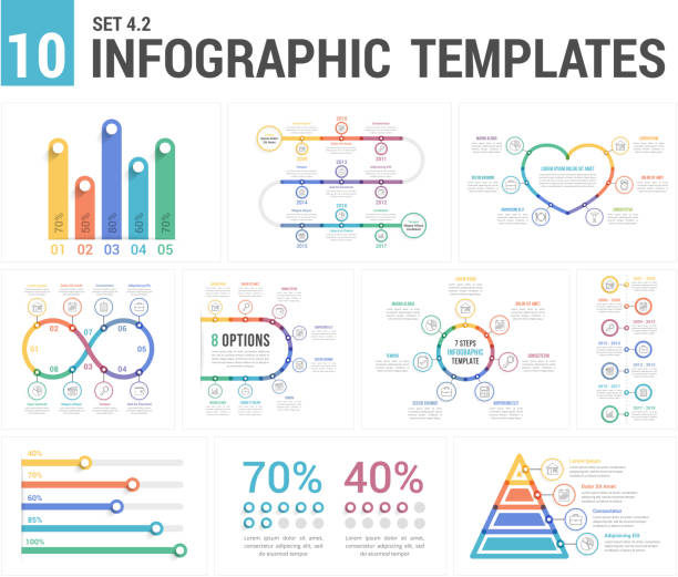 9 Infographic Templates 9 infographic templates, set 4, colors 2 - timelines, bar charts, pyramid, percents, steps/options, circle diagram, vector eps10 illustration infinity heart stock illustrations