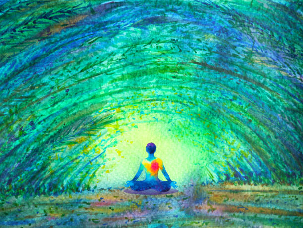 chakra farbe menschlichen lotus pose yoga in grünen baum wald tunnel, abstrakte welt, universum in ihrem geist mental, aquarell malerei illustration design von hand gezeichnet - erholung stock-grafiken, -clipart, -cartoons und -symbole