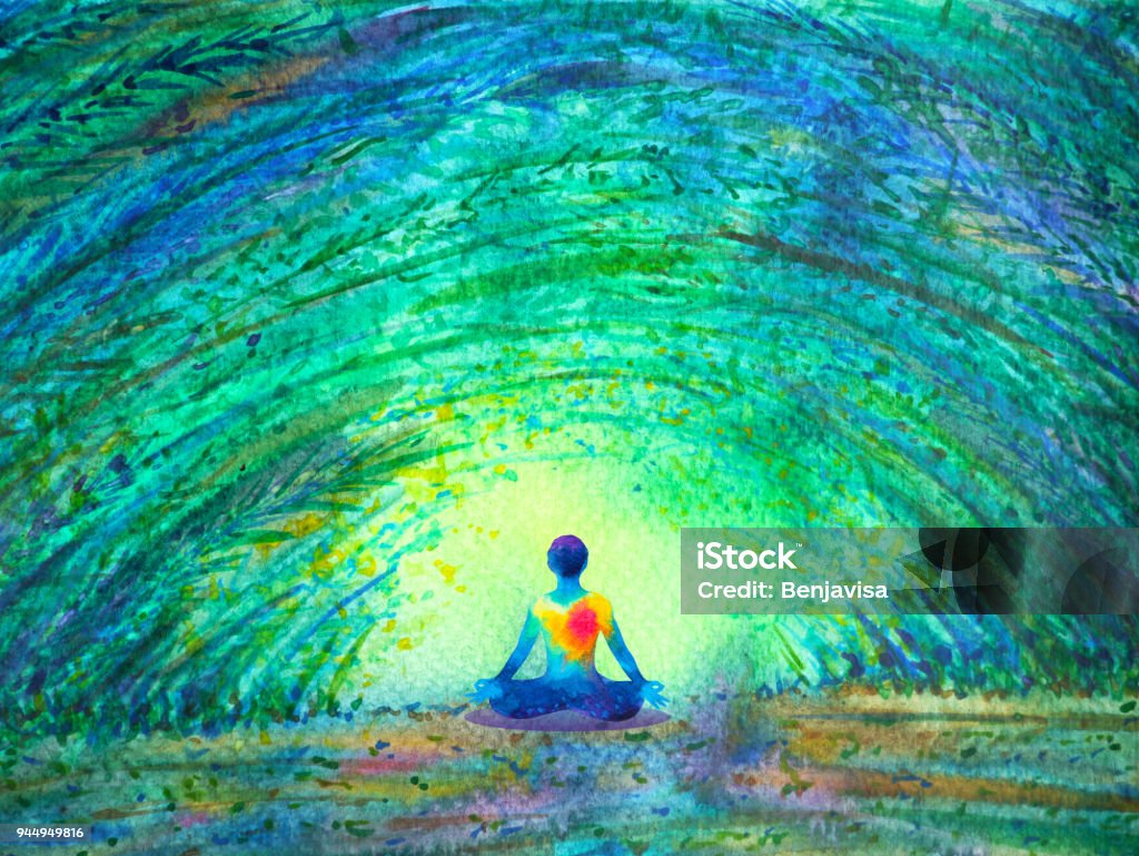 chakra color human lotus pose yoga in green tree forest tunnel, abstract world, universe inside your mind mental, watercolor painting illustration design hand drawn Recovery stock illustration