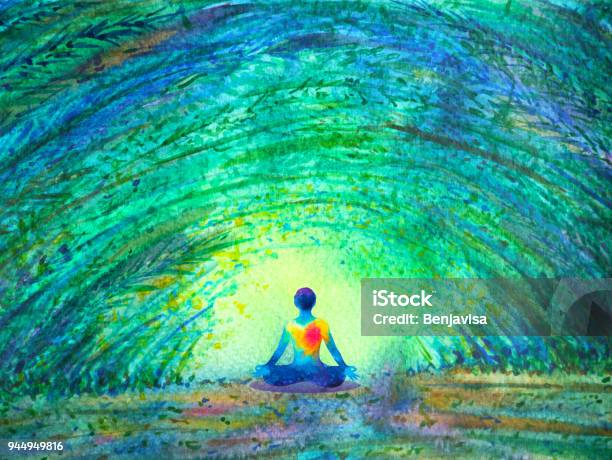 Chakra Color Human Lotus Pose Yoga In Green Tree Forest Tunnel Abstract World Universe Inside Your Mind Mental Watercolor Painting Illustration Design Hand Drawn Stock Illustration - Download Image Now
