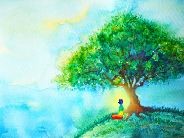 istock 7 color chakra human lotus pose yoga, abstract world, universe inside your mind mental, watercolor painting illustration design hand drawn 944950054