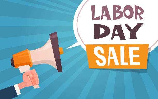 istock Labor Day Sale Advertising Poster With Hand Holding Megaphone 1 May Discount Concept 944950636