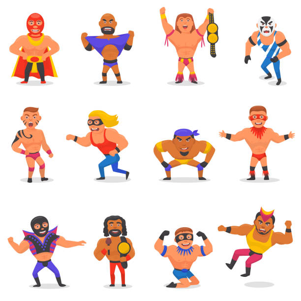 Wrestler vector masked man character and masking luchador in wrestling fight illustration set of wrestle sportsman in costume isolated on white background Wrestler vector masked man character and masking luchador in wrestling fight illustration set of wrestle sportsman in costume isolated on white background. wrestling stock illustrations