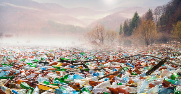 Bottles in the reservoir mountain poor culture of consumption to achieve the progress of modern civilization gives a negative impact on the surrounding nature. Ecological catastrophe in the background of Carpathians habitat destruction stock pictures, royalty-free photos & images