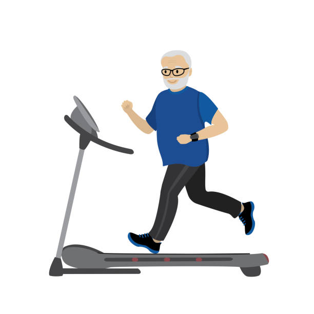 Cartoon grandfather on a treadmill Cartoon grandfather on a treadmill,fitness and jogging concept,isolated on white background,vector illustration cartoon of the older people exercising gym stock illustrations