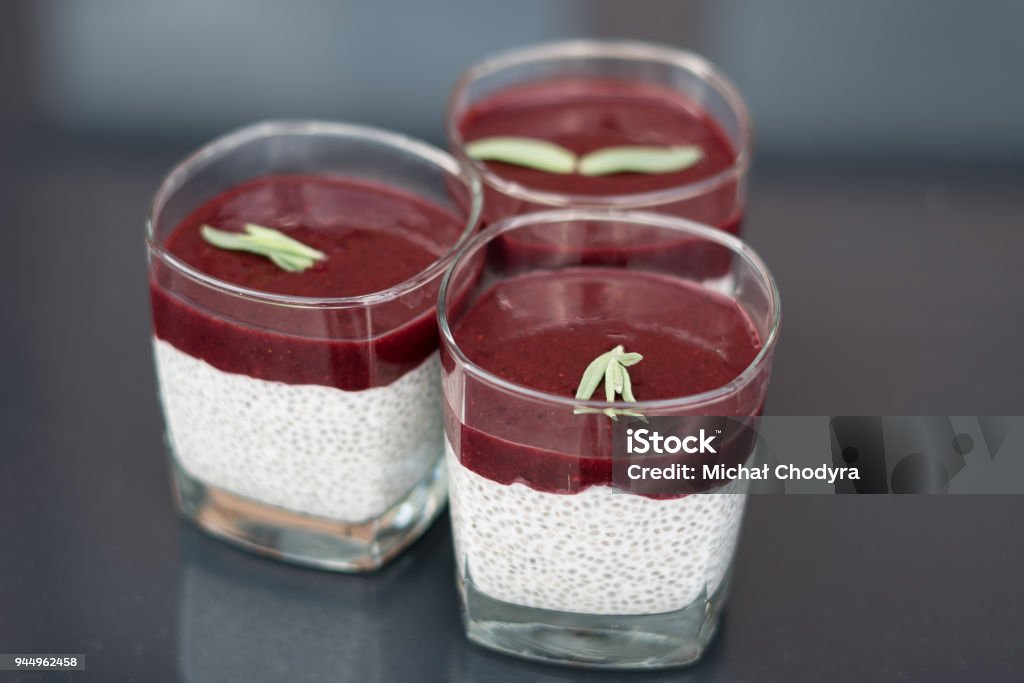 Dessert with chia seeds with forest fruit mousse Chia seed Stock Photo