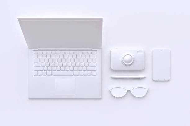 3d rendering technology concept white scene abstract laptop camera glasses pen smart phone