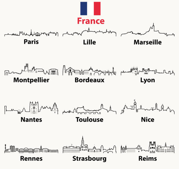 ilustraciones, imágenes clip art, dibujos animados e iconos de stock de vector describe los iconos de skylines de las ciudades de francia - european culture architecture strasbourg france alsace